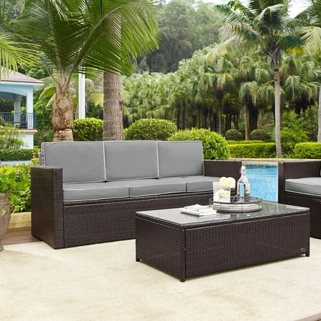 Palm Harbor Outdoor Wicker Sofa In Brown With Grey Cushions