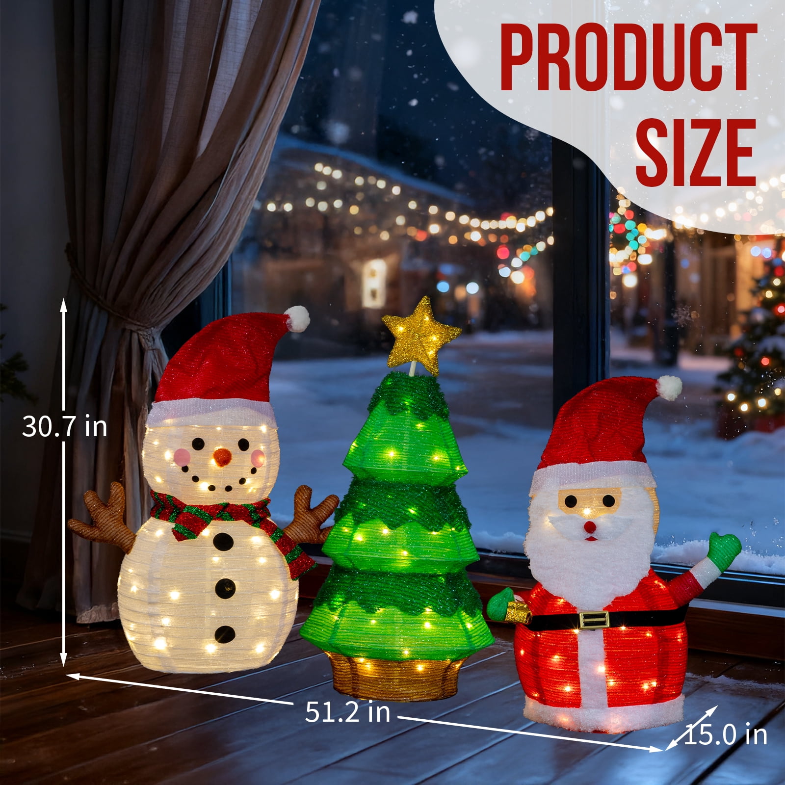 Astoutdoor Set of 3 Lighted Christmas Decorations, Santa, Snowman, and Tree, Pre-Lit with 150 Warm White LED Lights, Indoor Outdoor Holiday Display
