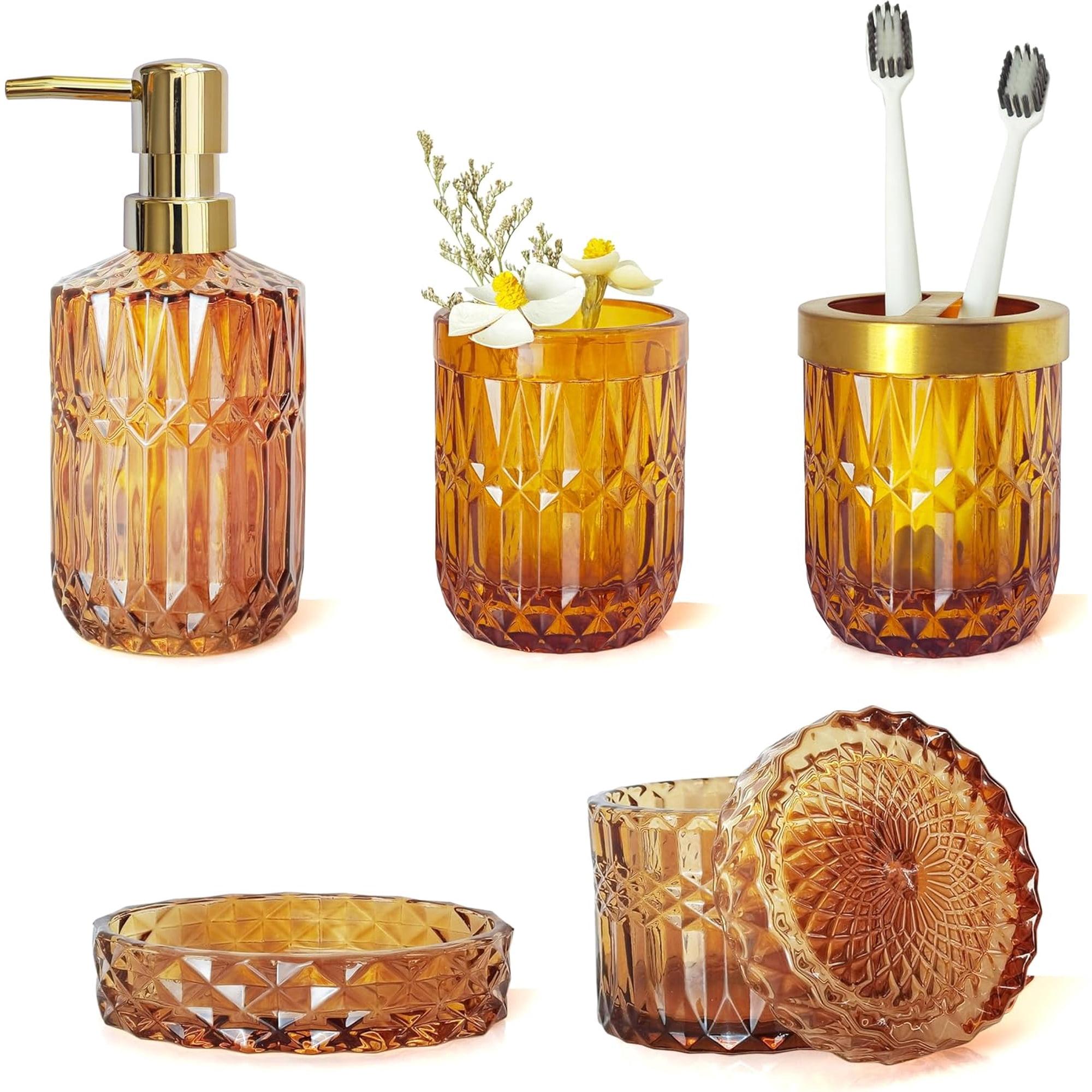 Timberia Amber Bathroom Accessories Set 5Pcs Clear Glass Bathroom Set | Toothbrush Holder Set Soap Dispenser Soap Dish Qtips Holder for Crystal Vintage Bathroom Decor Gift Set