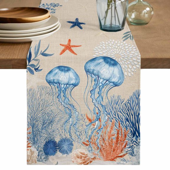 Coastal Jellyfish Table Runner 72 Inches, Nautical Ocean Orange Blue Coral Leaves Bed Runner Dresser Scarves Tabletop for Indoor Outdoor Parties/Ceremony/Banquet, 13" x 72"