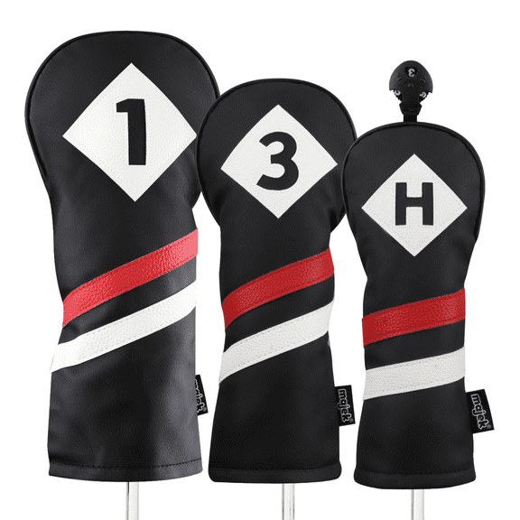 Majek Retro Golf Headcovers Black Red and White Vintage Leather Style 1 3 H Driver Fairway Wood and Hybrid Head Cover Classic Look