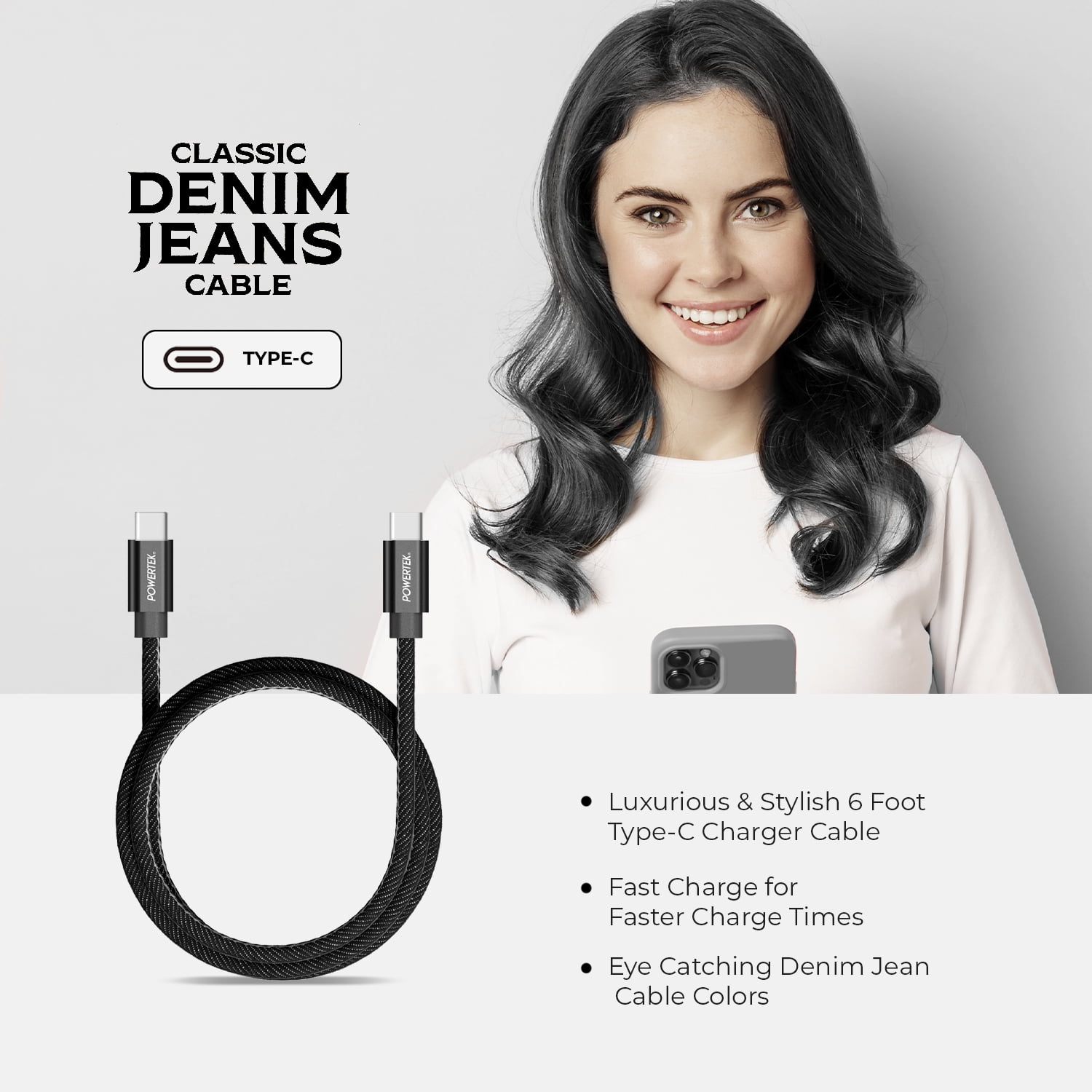 Liquipel Powertek Denim 6' USB-C to USB-C Cable, Black