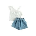 thumbnail image 3 of Qiylii Toddler Girls 2Pcs Summer Outfits, Strap Ruffle Tops + Denim Shorts, 3 of 6