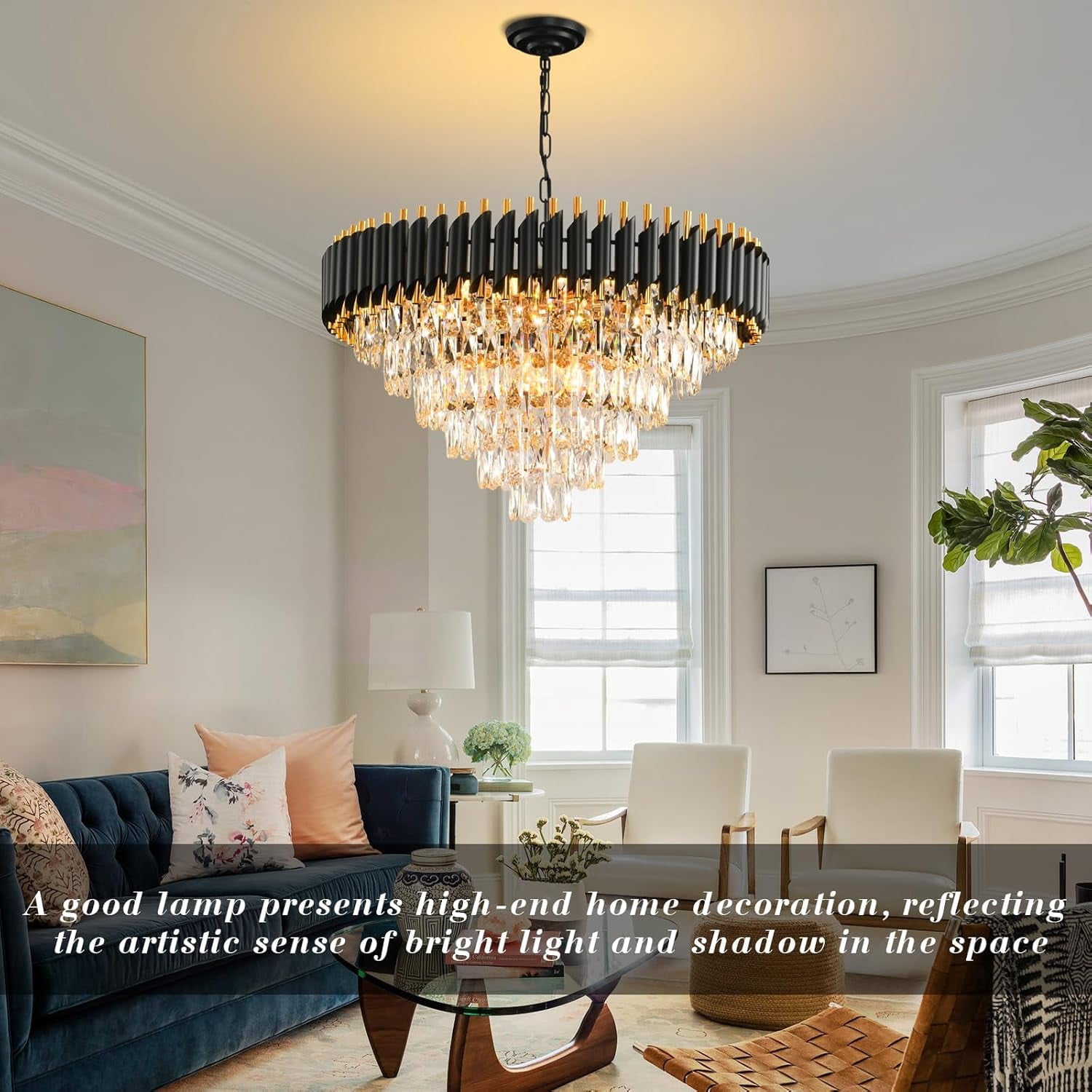 Modern Crystal Chandeliers for Dining Room 15-Light Black and Gold Chandelier Living Room Round 6 Tiers Contemporary Ceiling Hanging Light Pendant Light Fixture for Entryway Foyer Staircase W29”