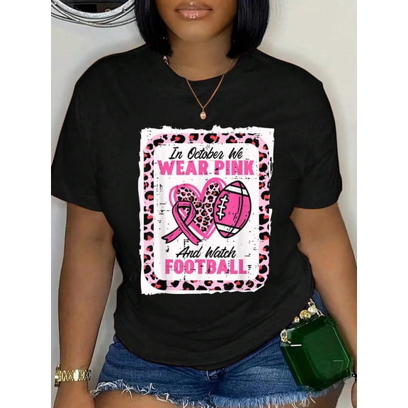 100% Cotton in October We Wear Pink and Watch Football Breast Cancer T-Shirt Women's Men's Graphic Tee Casual Tops