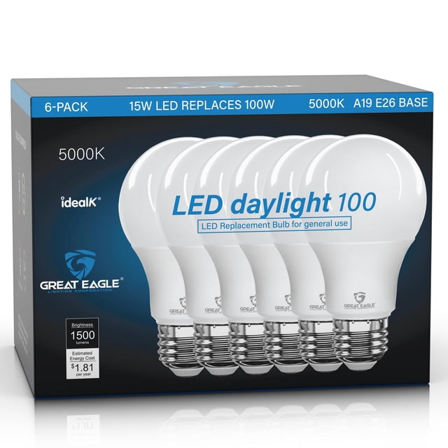 Bombillas LED Great Eagle A19, 15 W, 1500 lm, 5000 K (paquete de 6)