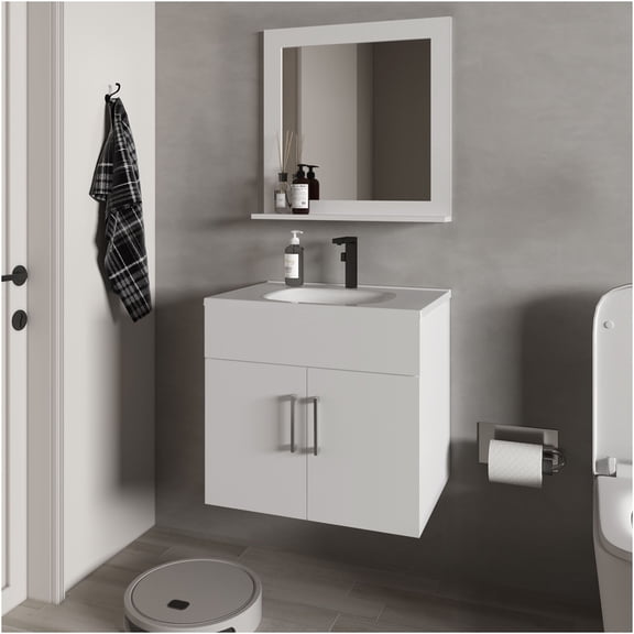 JERFIT 24 inch Floating Bathroom Vanity Set with Sink, White Wall Mount Modern Two-Door Cabinet & Mirror