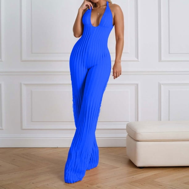 WILLBEST Mono Informal de Verano para Mujer, Mono Sexy con Escote En V, Plisado, Pierna Ancha, Largo, para Uso Diario, Trabajo y Fiestas. Extra Grande
