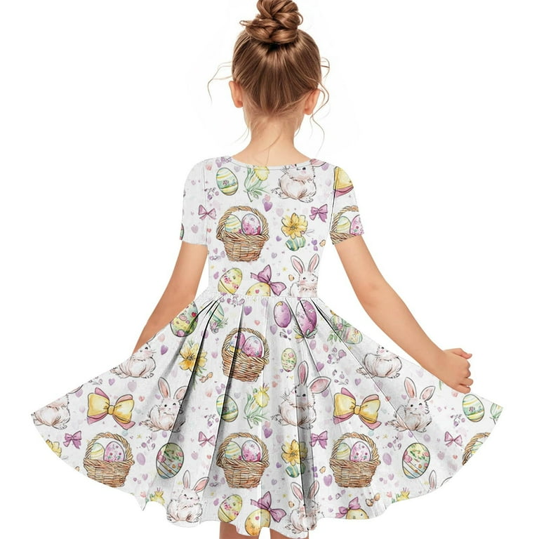 girls easter dresses 2025 Moxiu Dress for Bunny Rabbit Easter Eggs Print Swing Casual Flared Dresses Summer Outfits 4-14 Years White,4 Years, Girl's Blackhawk Country Club Outfit ideas Kid Size:6M Girl easter outfits BFCM2023