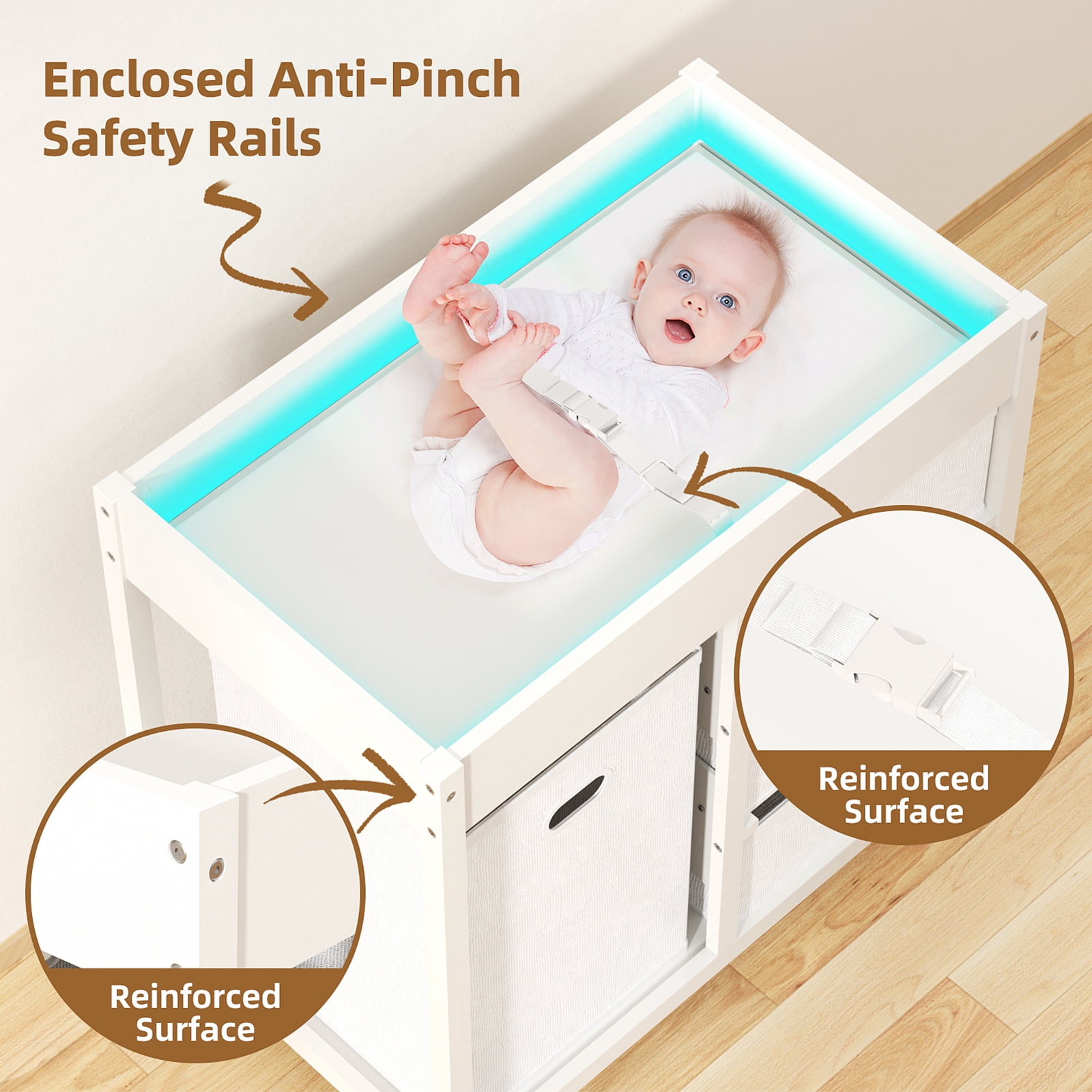 GLAF Baby Changing Table for Nursery - Diaper Changing Station with Laundry Hamper, 3 Storage Drawers, Changing Pad, and Safety Belt, White