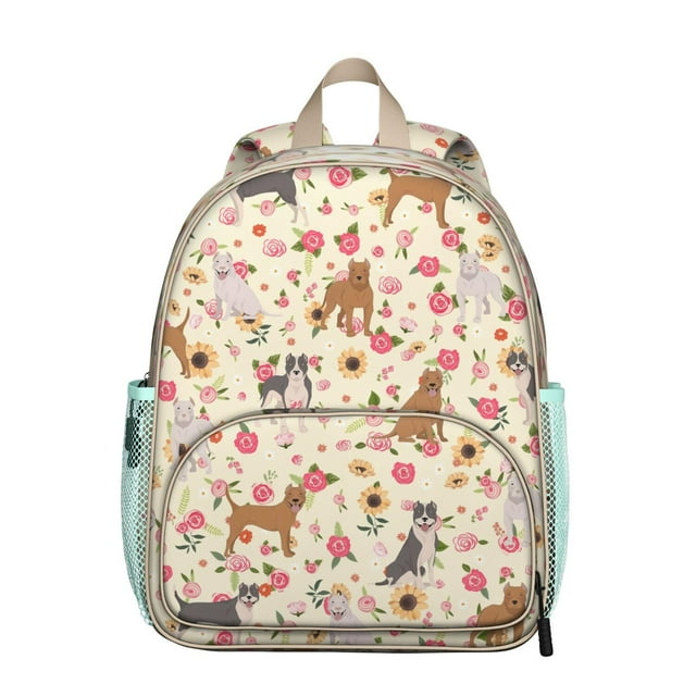 Dogs and Flowers Print Student Backpack – Cute Puppy Paw Pattern with Bone and Tail Cartoon Design, Artistic Watercolor Style for School