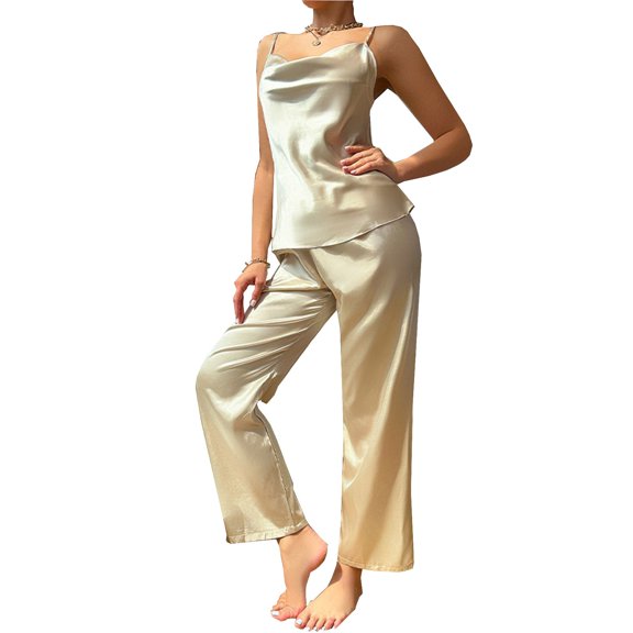 Satin Pjs Sleepwear for Women 2 Piece Pajamas Set Cowl Neck Camisole Tops and Wide Leg Trousers Suit Silky Loungewear