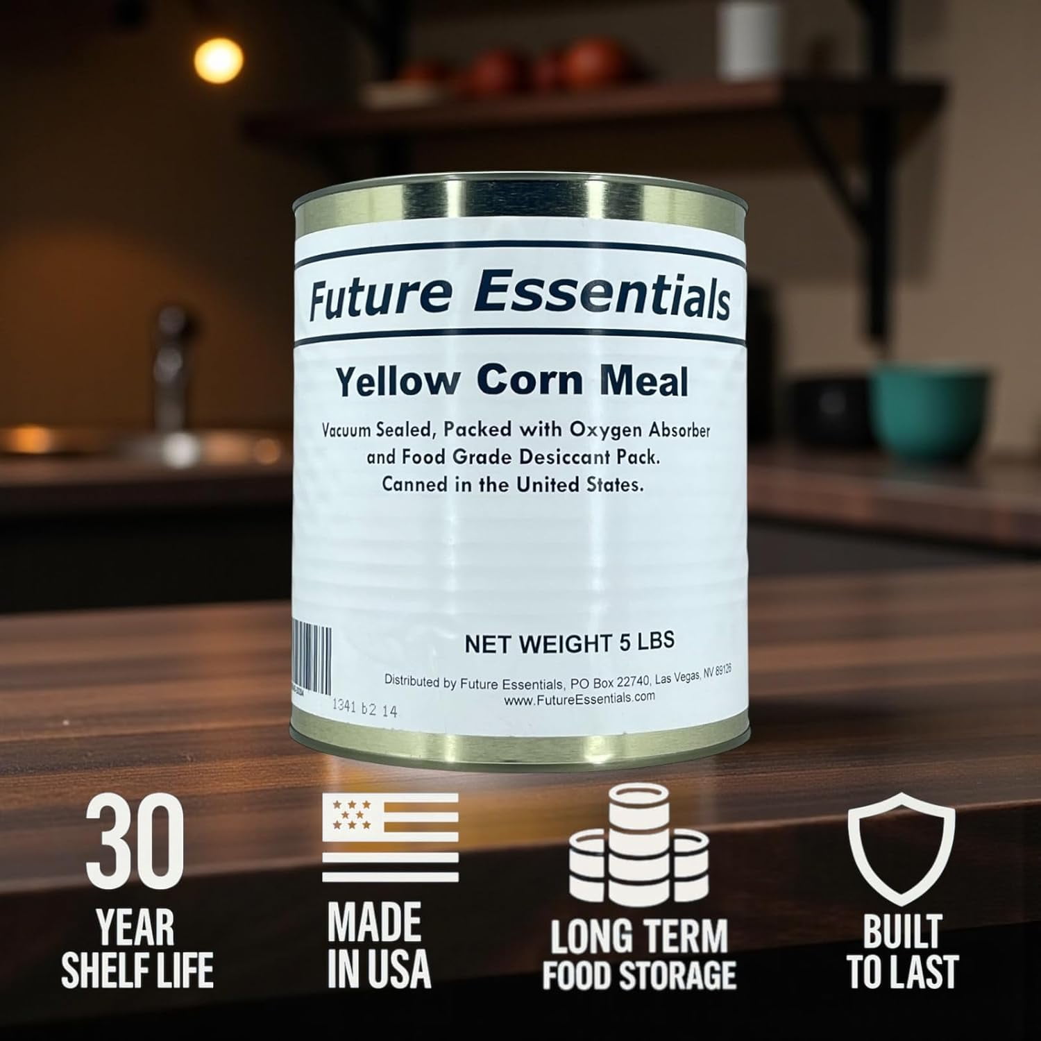 (6-Pack) Future Essentials Yellow Corn Meal, 5 lb #10 Can – Fine Ground Cornmeal, 30-Year Shelf Life, Emergency Food Storage, Non-GMO, Made in USA