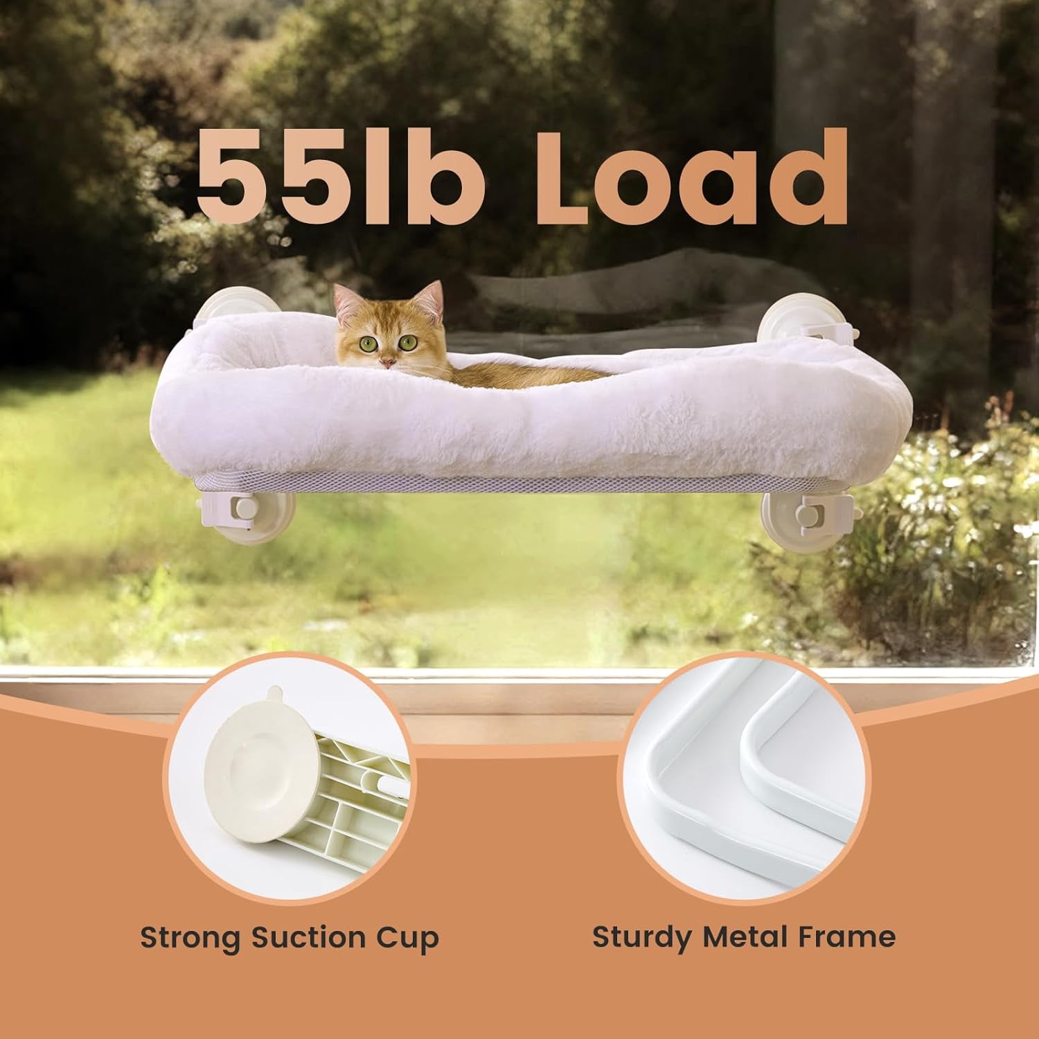 Cat Window Perch for Large Cats with 4 Suction Cups, 2 in 1 Cat Hammock with Detchable Cushion for 55Lbs Load