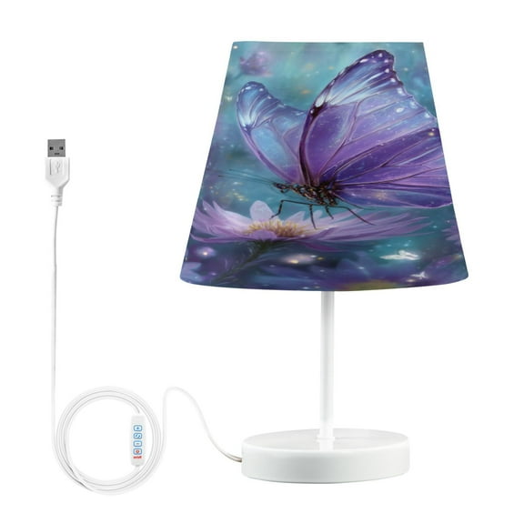 WOBOGO Purple Sparkling Butterfly Table Lamps Bedroom 3-Speed Dimmable Farm Style with Fabric Shade for Reading and Home Office