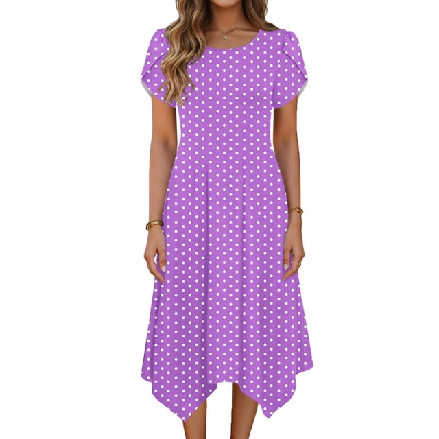 TaTaai Women's Polka Dot Flutter Sleeve Dress Short Sleeve Round Neck Midi Casual Dress with Irregular Hem Lightweight Stretchy Gift