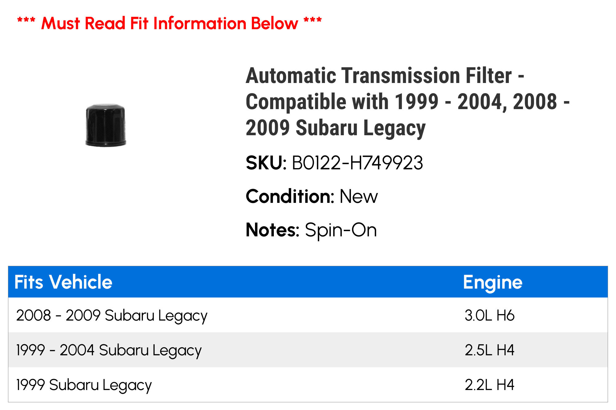 Automatic Transmission Filter - Compatible with 1999 - 2004, 2008 - 2009 Subaru Legacy 2000 2001 2002 2003