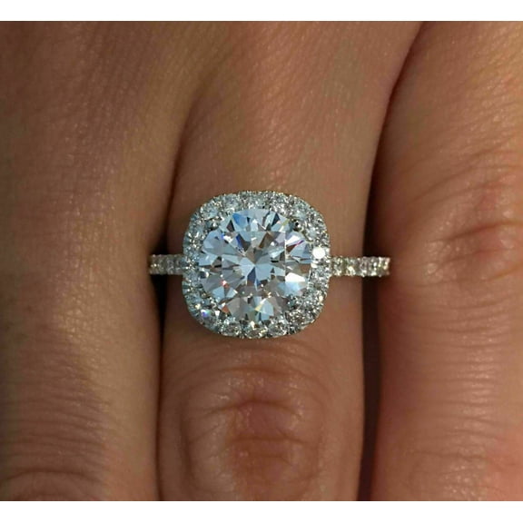 3Ct Lab Created Round Halo Diamond Engagement Ring 14K White Gold Plated Sterling Silver