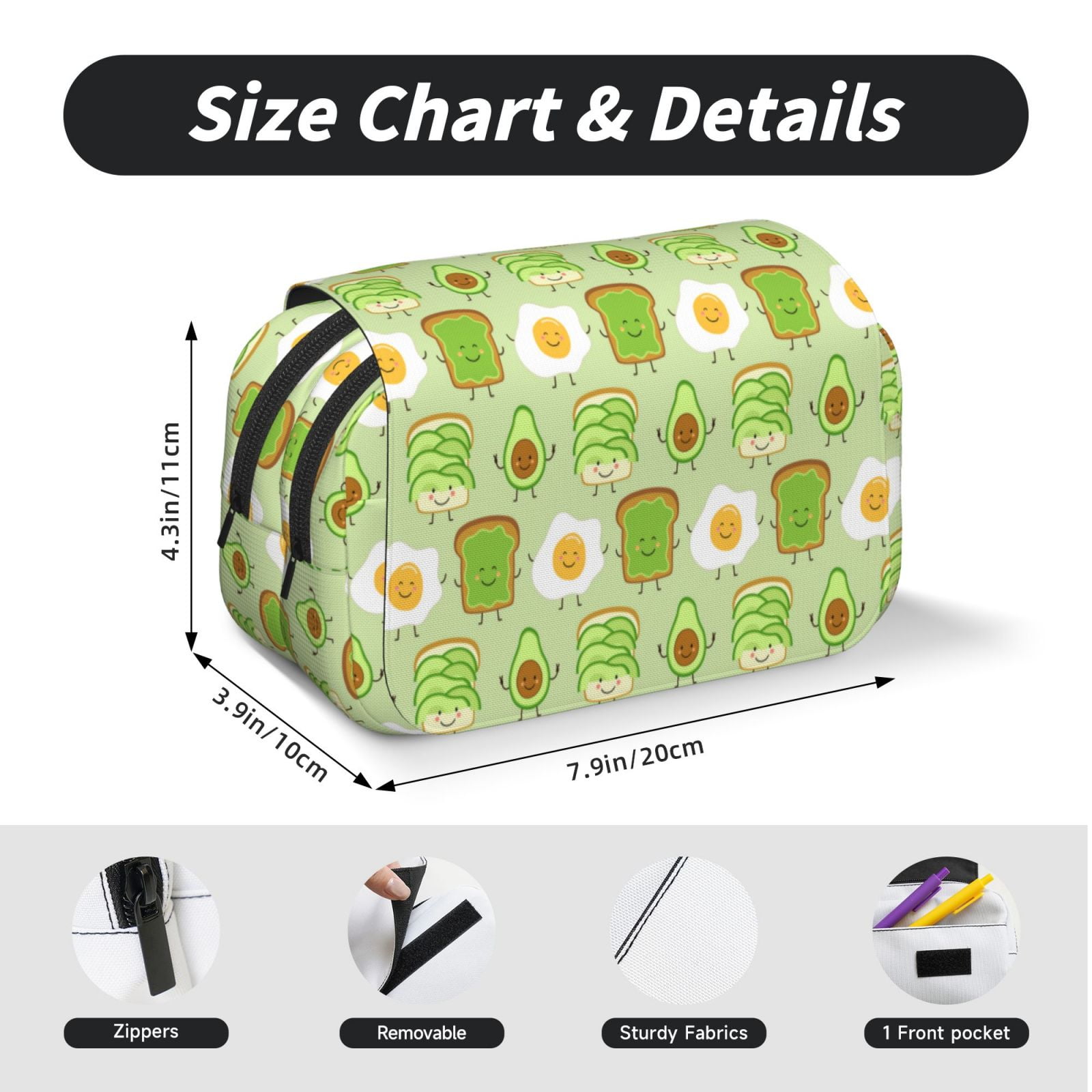 Rateoe Avocado And Toast Pattern Double Clamshell Pen Case, Storage Organizer with Two Zipper Compartments– Holds Up to 50 Pencils & Pens