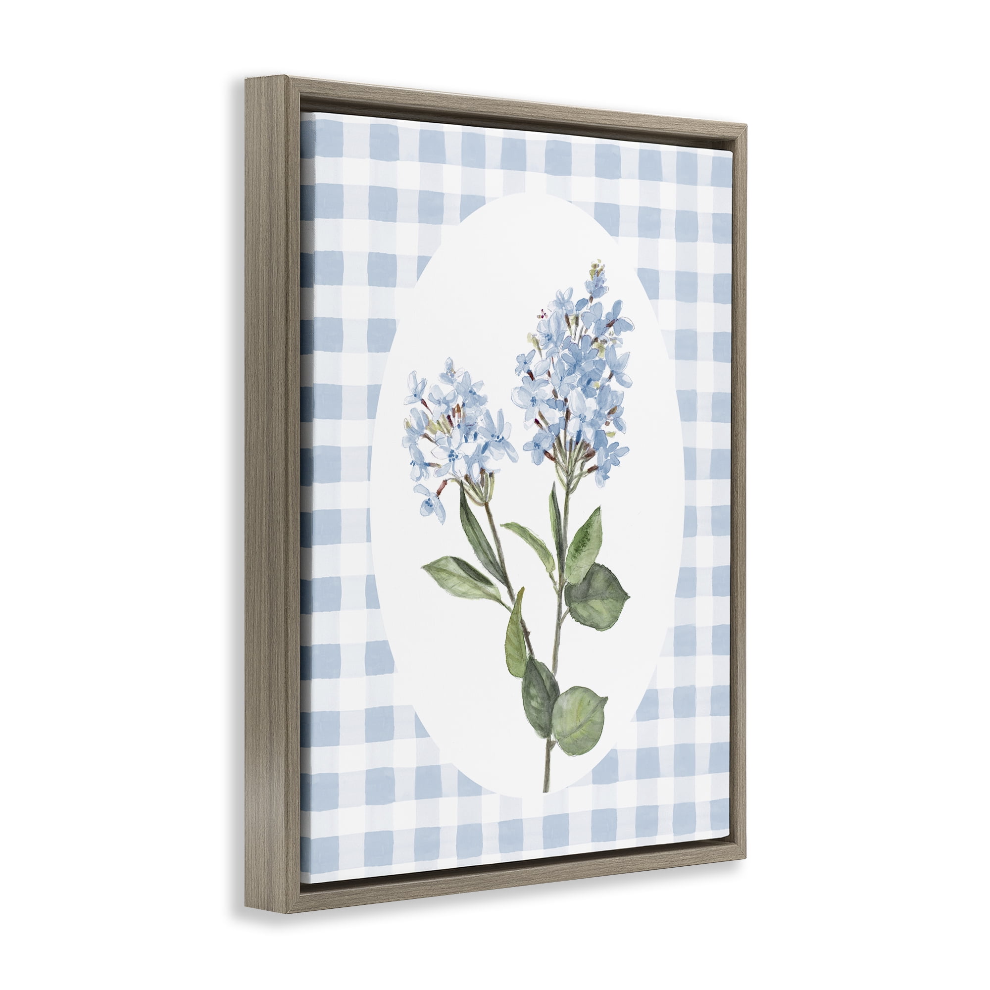 Stupell Industries Blue Checkered Blooms Brown Framed Floater Canvas Wall Art, design by Lanie Loreth