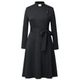 thumbnail image 2 of Afinprain Womens Clergy Long Sleeve A‑Line Dress with Tab Collar Tie Belt Side Buttons, 2 of 7