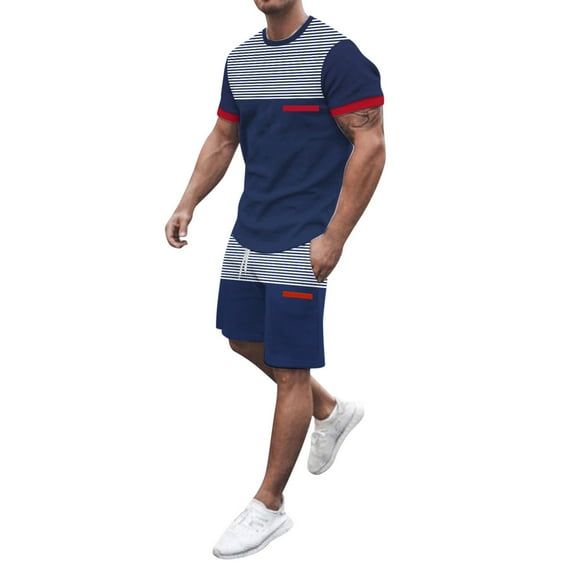 Swim Suit,Men's Tracksuit Summer 2 Pieces Casual Activewear Short Sleeve Shirt And Shorts(Navy,XL)