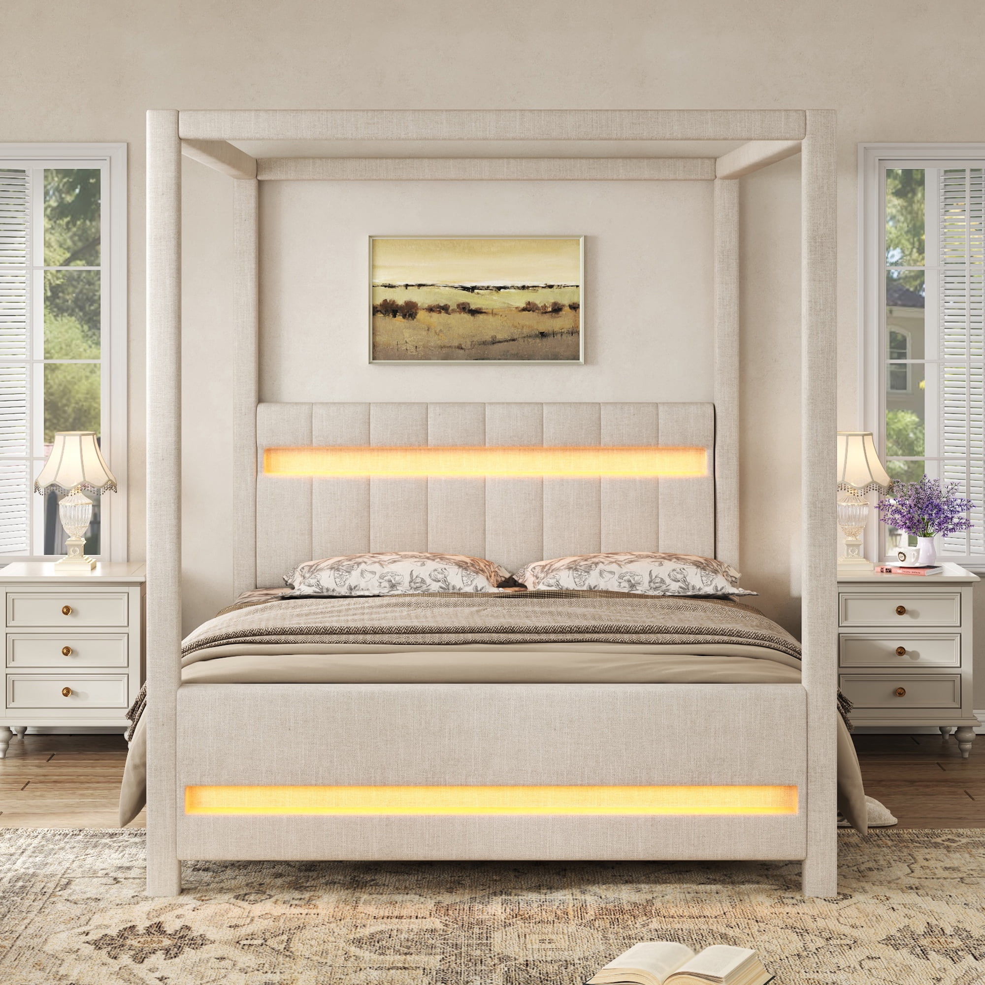 Euroco Upholstery Queen Size Canopy Bed with LED Light, No Box Spring Needed Platform Bed, Beige