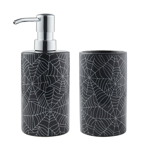 Way to Celebrate! 2-Piece Ceramic Spiderweb Bath Accessory Set, Black/Silver