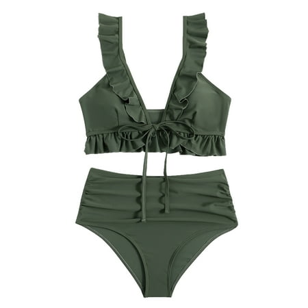

VKEKIEO Two-Piece Sets Swimsuit Sport Bra Style Padded Army Green XL