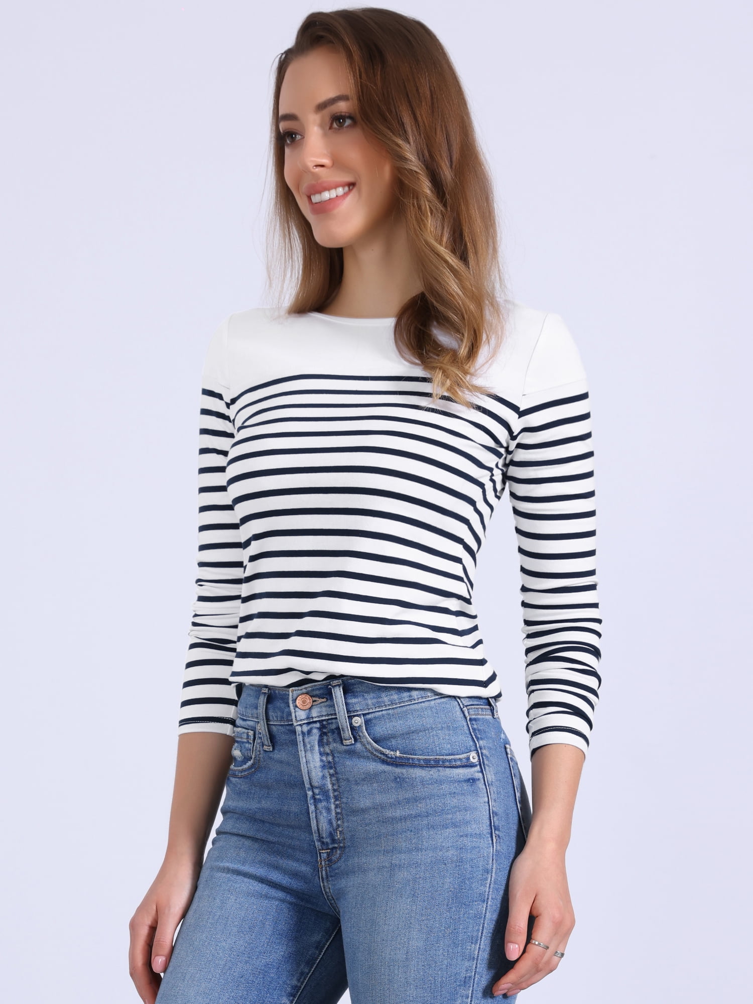 DARING DIVA Women's Color Block Striped Knit Top Long Sleeves T-Shirt XL Dark Blue