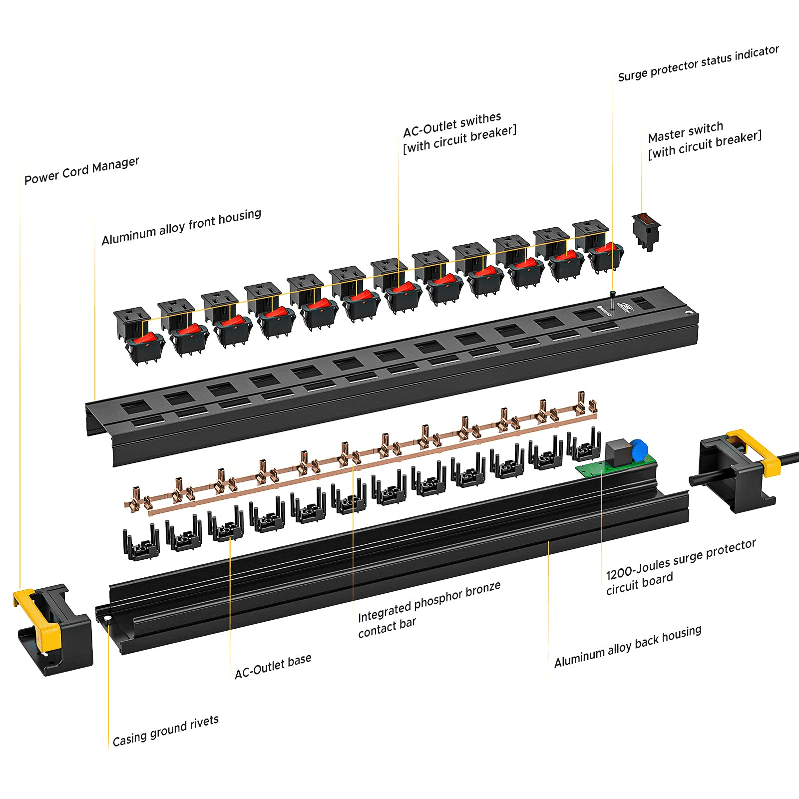 CRST 12 Outlets Heavy Duty Long Power Strip Surge Protector Individual Switches with Cord Manager 14/3 SJT 9 Feet Long Extension Cord, Black