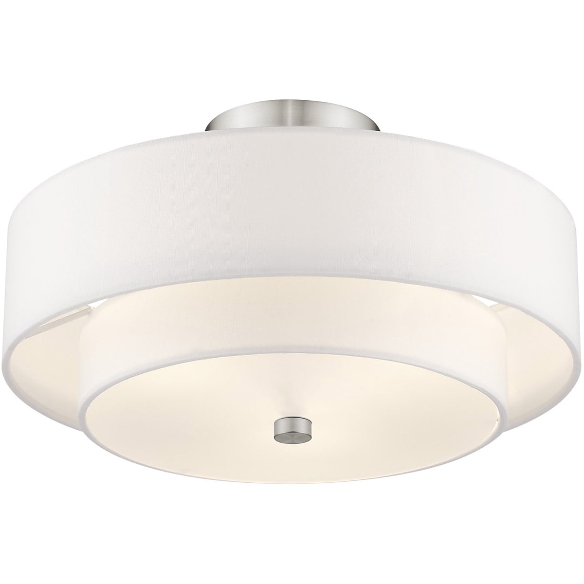 3 Light Brushed Nickel Ceiling Light fixture with Hand Crafted Off-White Fabric Hardback Shade