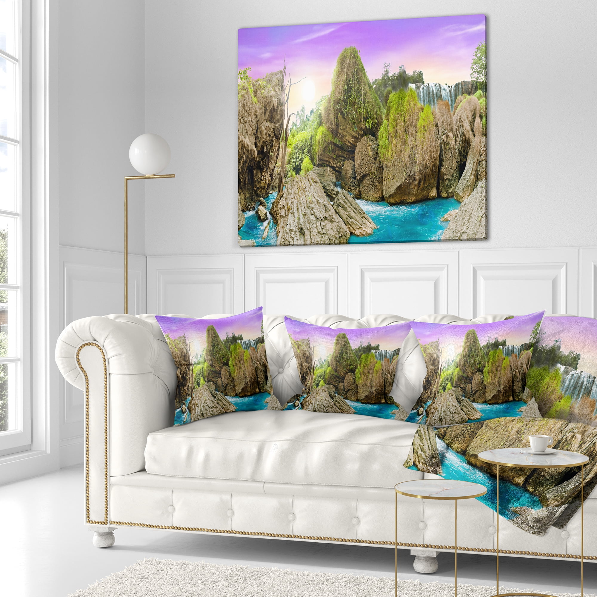 Designart Wild Forest and Waterfall Vietnam - Landscape Printed Throw Pillow - 16x16