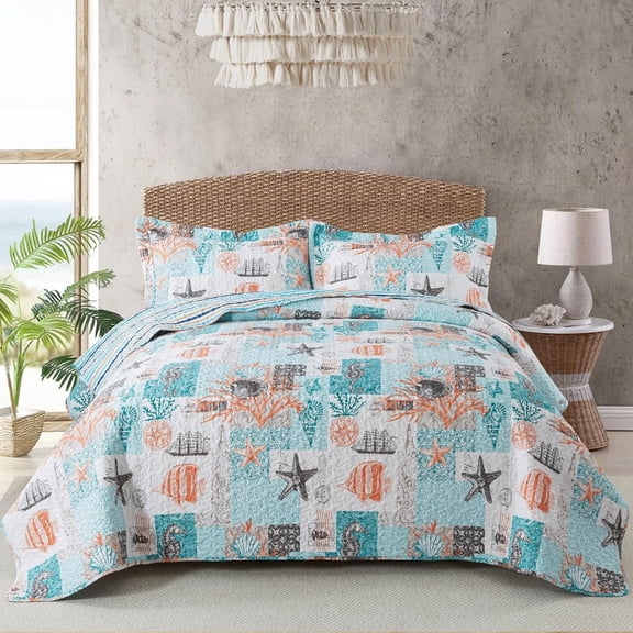 Nordmiex Queen Quilt Bedding Set - 3 Pieces Coastal Quilt Sets Beach Bedspreads Ocean Coverlets Lightweight Bed Cover Summer Quilts Queen Size