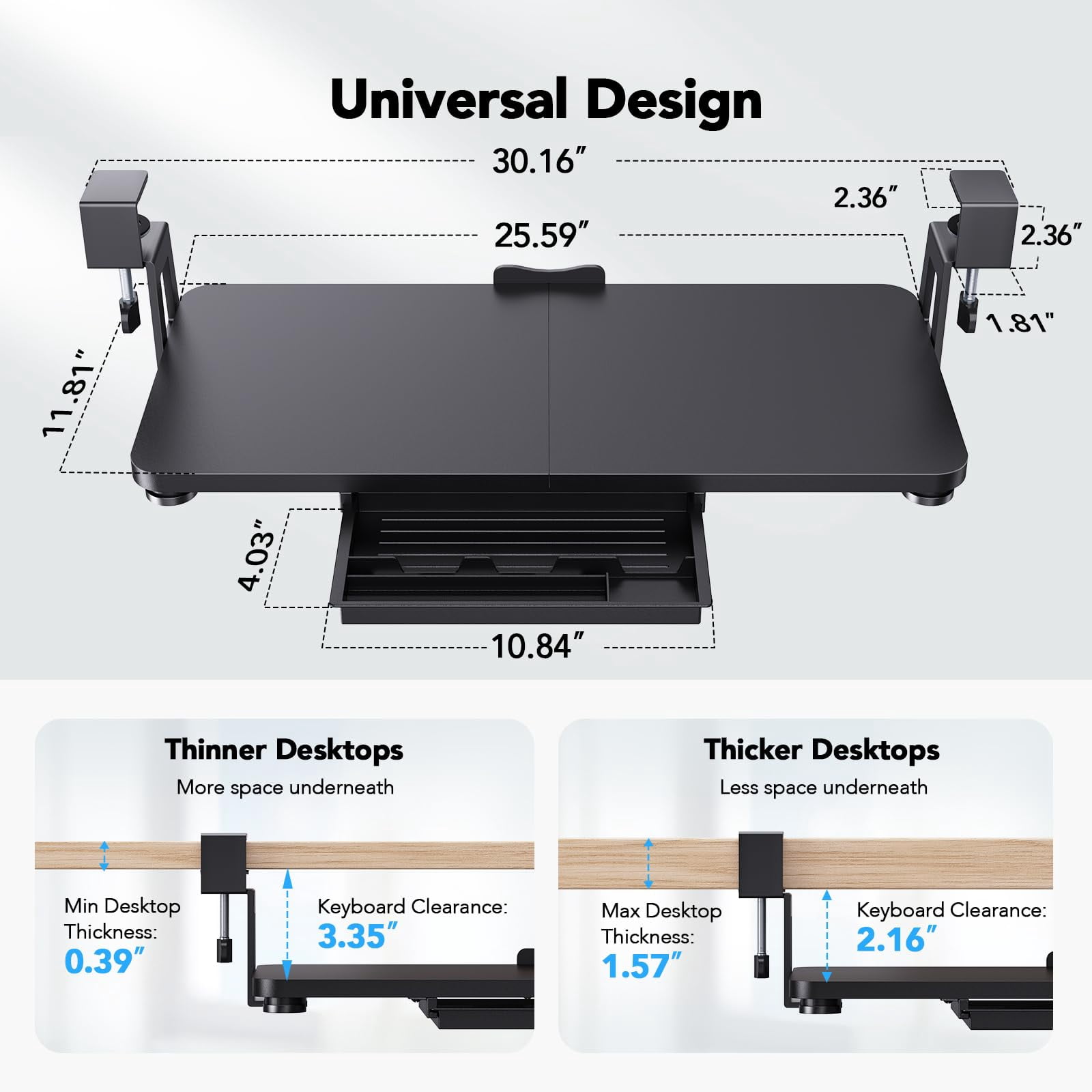 Large Under Desk Tray With Sturdy C-clamp Mount  26 (30.16" Including Clamps) X 12 Inch Slide-out Platform Computer Heavy Duty Storage Drawer For Typing Black