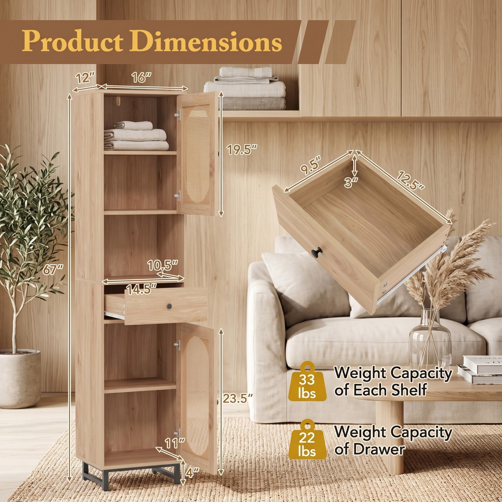ALPULON 67 Inch Tall Bathroom Cabinet, PE Rattan Freestanding Floor Storage Cabinet with 2 Doors, 1 Drawer and Adjustable Shelves for Bathroom Living Room, Natural