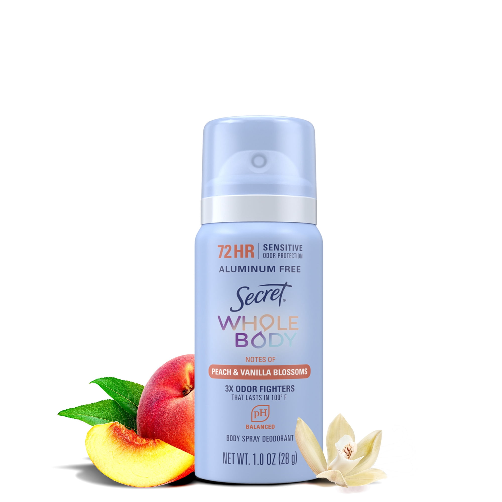 Secret Whole Body Deodorant Spray for Women, 72 HR Odor Protection, Peach & Vanilla Scent, Aluminum Free Deodorant, 1.0 oz