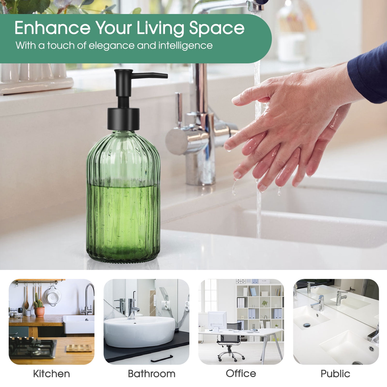Vintage Ribbed Green Glass Dispenser, 13oz Large Capacity, Multi-Purpose Emulsion/S soap Dispenser (Suitable for Essential Oil Lotion, Shower Gel, Hand Soap, etc.)
