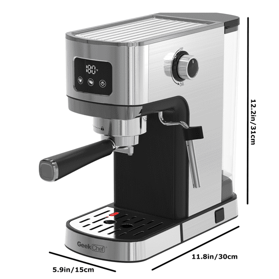 Geek Chef 20 Bar Espresso Coffee Machine with Milk Frother & ESE POD Filter - Digital Display, Temperature & Time Control - 1.2L Water Tank - Stainless Steel.