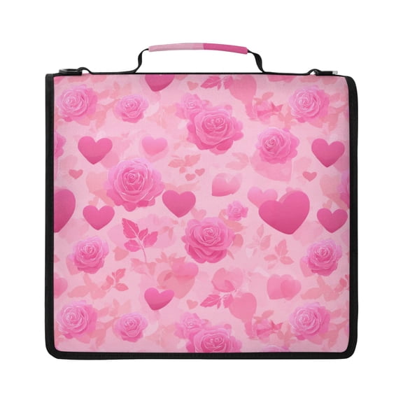 Zipper Binder with Shoulder Strap 2 inch 3 Ring Waterproof File Folder Organizer Bag 500 Sheet Pink Hearts and Roses Pattern