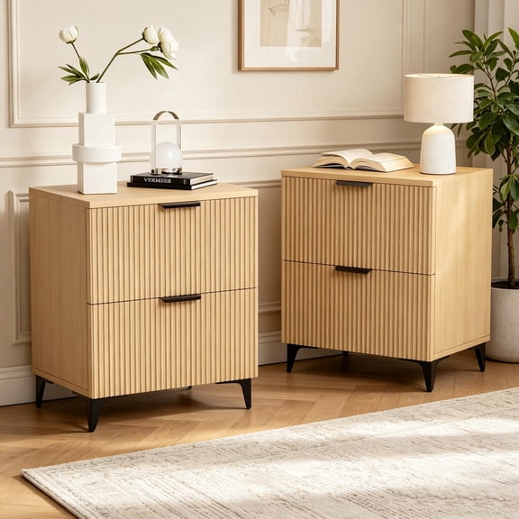 2 Drawers 2pcs oak Fluted 2-Drawer Nightstand Set in Natural Oak, 2 Pieces