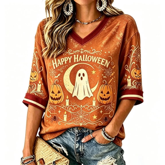 ZCNKMX Halloween Shirt for Women 3/4 Sleeve T-Shirt Novelty V-Neck Ghost Pumpkin "Ghost Moon Pumpkin" Graphic Tee Trendy Top for Halloween Party Orange XXL