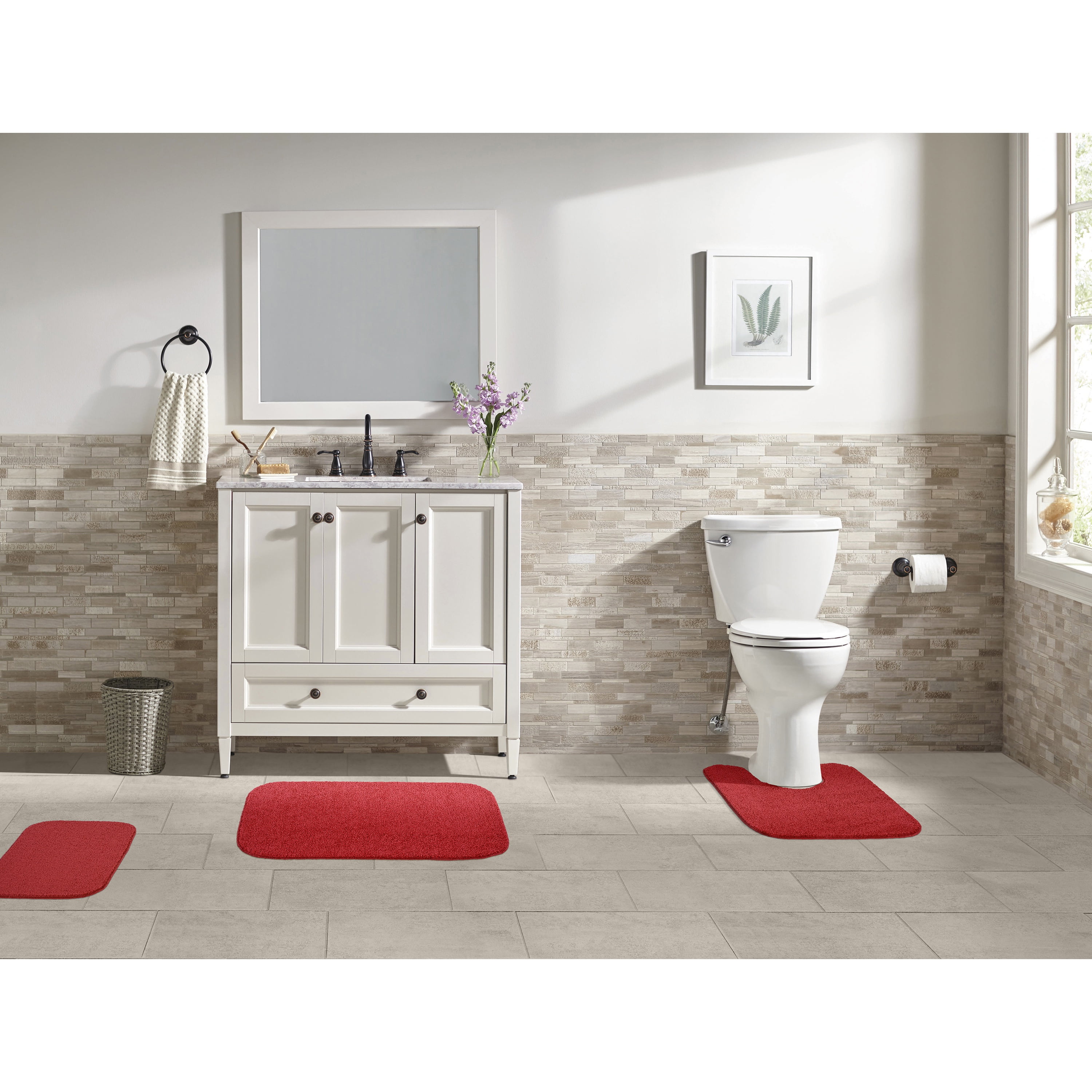 Garland Rug Sedona Washable Bath Rug Set, 3 Piece Set (2 Bath Rugs, & Contour Rug) Classic Red