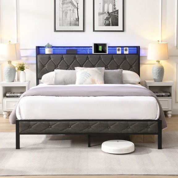 Full Size Modern Upholstered Platform Bed Frame with Storage Headboard, LED Lights and Charging Station, Sturdy Metal Slats Support, No Box Spring Needed, Dark Gray