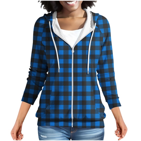 QUNYINEY Zip up Womens Jackets Casual Lightweight with Hood Plaid Jacket Long Sleeve Fall Winter Womens Coats