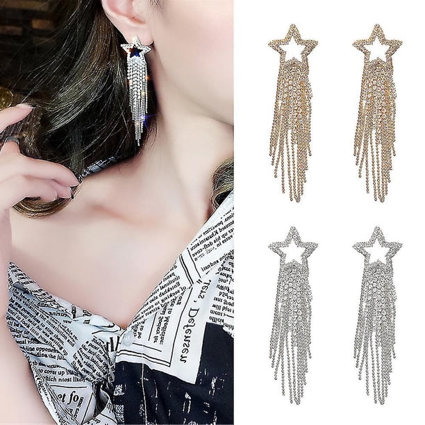 Pendientes largos con borlas y estrella de pentagrama de diamantes para mujer, aretes colgantes brillantes a la moda, regalos