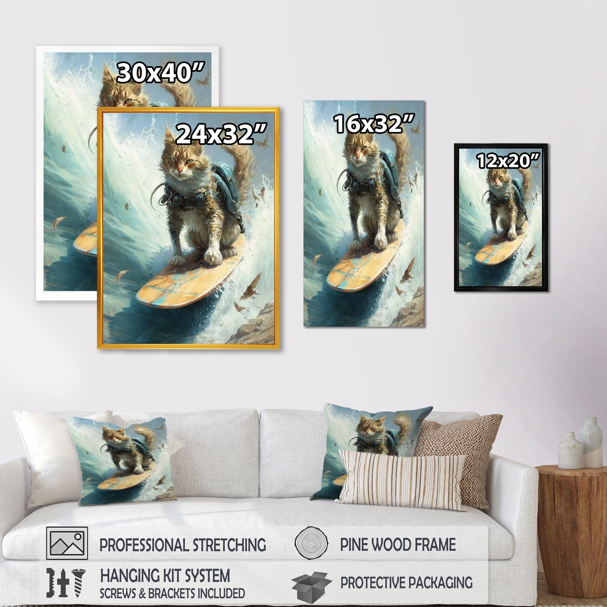 Designart Cat Surfing I Canvas Wall Art