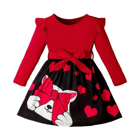 

HTGFGMGW Flower Girl Dress Kids Toddler Girls Long Sleeve Ribbed Patchwork Bowknot Cute Cartoon Princess Dress Valentine s Day Outfits Girls Dress Red