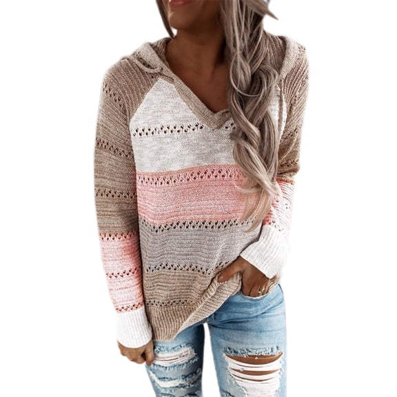 Women's Hooded Casual Sweater Color Block Knitted Loose Fitting Pullover with Drawstring Hood
