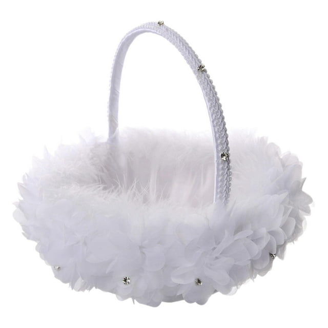 Cesta de flores para niña, de encaje, para compromiso, con asa, decoración de plumas, cesta de flores de satén Blanco